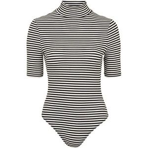 Black and white striped ribbed turtleneck bodysuit